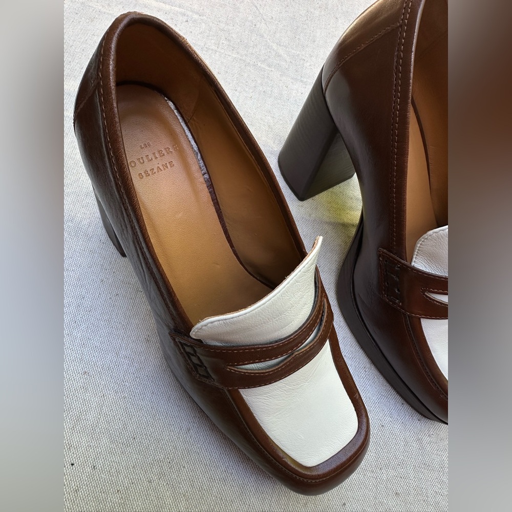 Sézane Brown and White Leather Block Heel Loafers